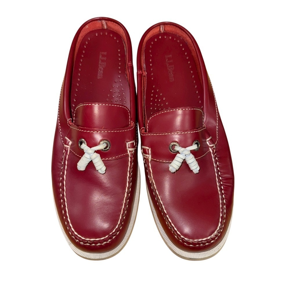 LL Bean Deep Red Leather Womens 8M Pre-Owned Slip On Moccasins Mules Loafers